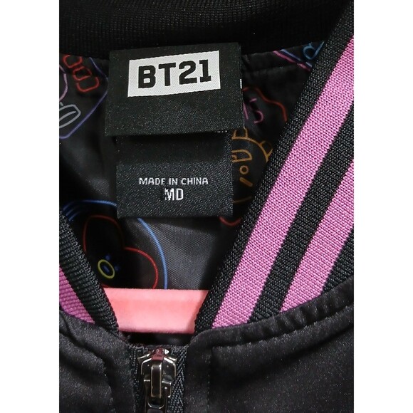 BT21 Black Pink Neon Women’s Bomber Jacket Double Sided Pockets Medium EUC - Picture 8 of 9